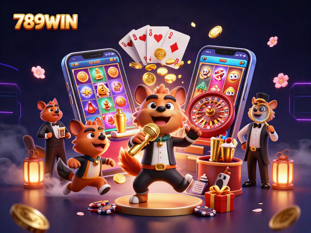 Experience the vibrant 789WIN casino scene featuring lively hyenas in a comedy club atmosphere.