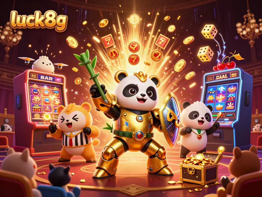 Experience thrilling wins at luck8g with a vibrant 3D casino illustration of a golden panda in a mech-suit and exploding jackpots.