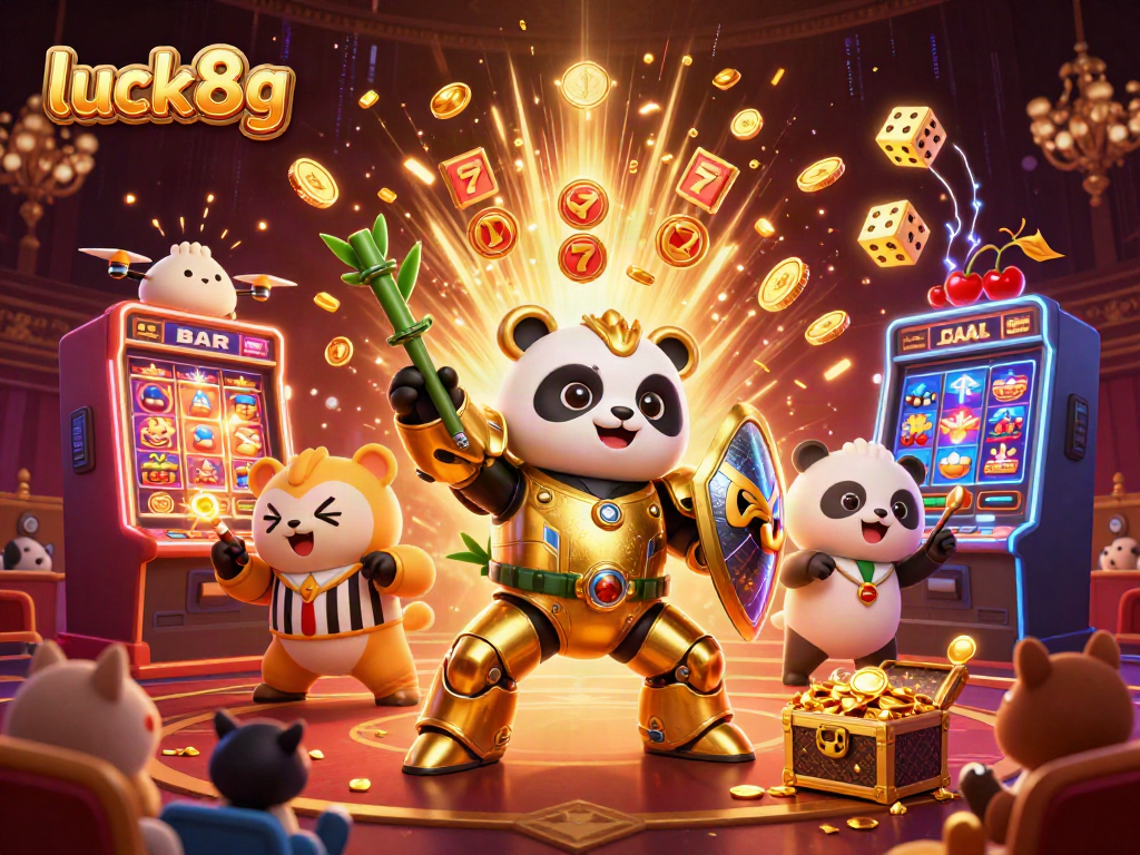 Experience thrilling wins at luck8g with a vibrant 3D casino illustration of a golden panda in a mech-suit and exploding jackpots.
