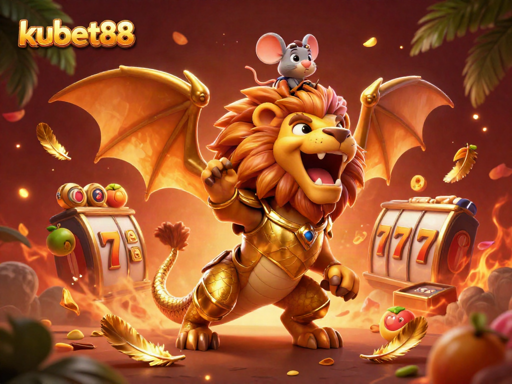 Experience thrilling gaming at kubet88 with a roaring chimera and vibrant slot elements in this captivating casino illustration.