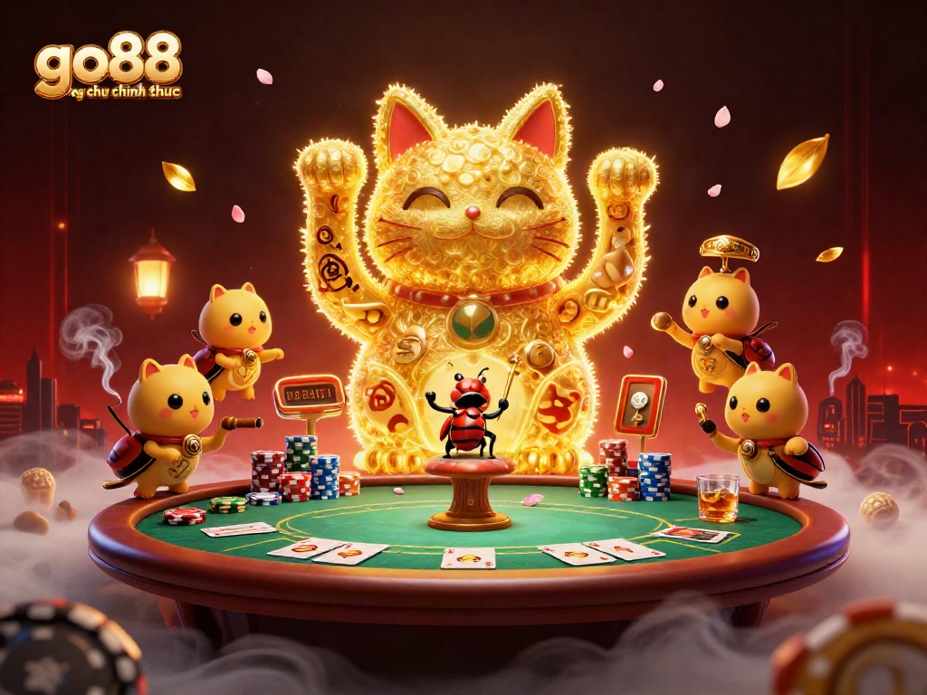 Engage in exciting gaming with go88 trang chu chinh thuc featuring a lucky cat and vibrant casino elements.