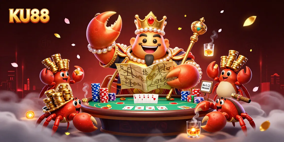 Experience thrilling gameplay at KU88 with a golden crab emperor and poker elements in a vibrant casino