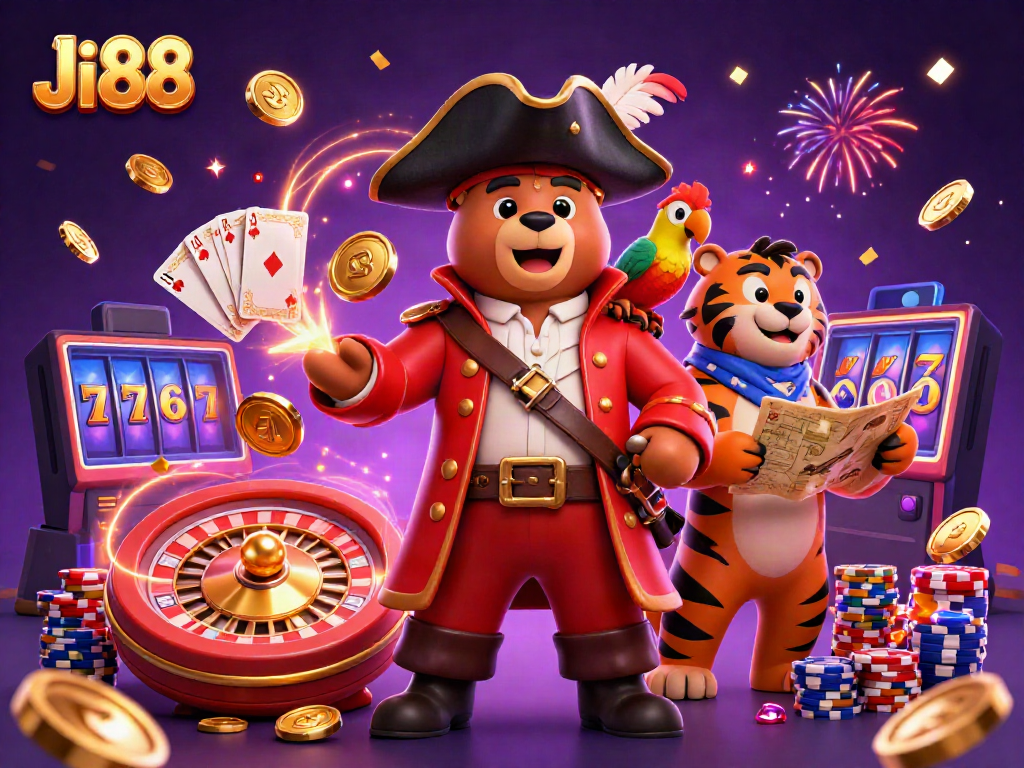 Ji88 game adventure with a pirate bear, tiger first mate, and sparkling casino elements.