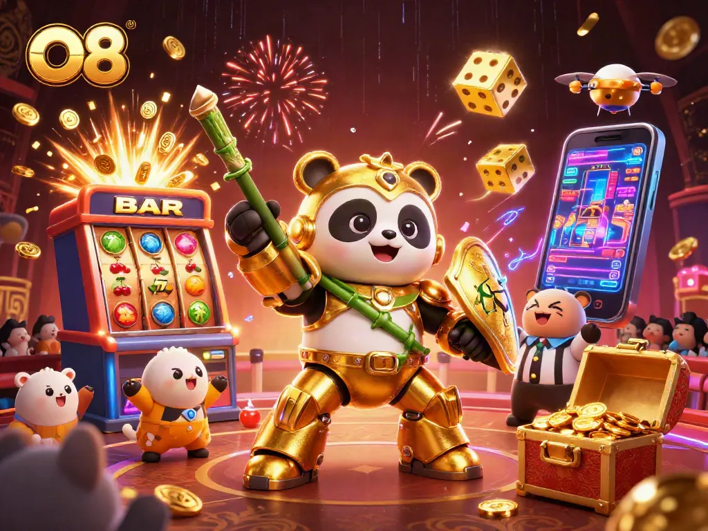 Spin the reels at O8's vibrant online casino while witnessing an energetic mech-suit panda!
