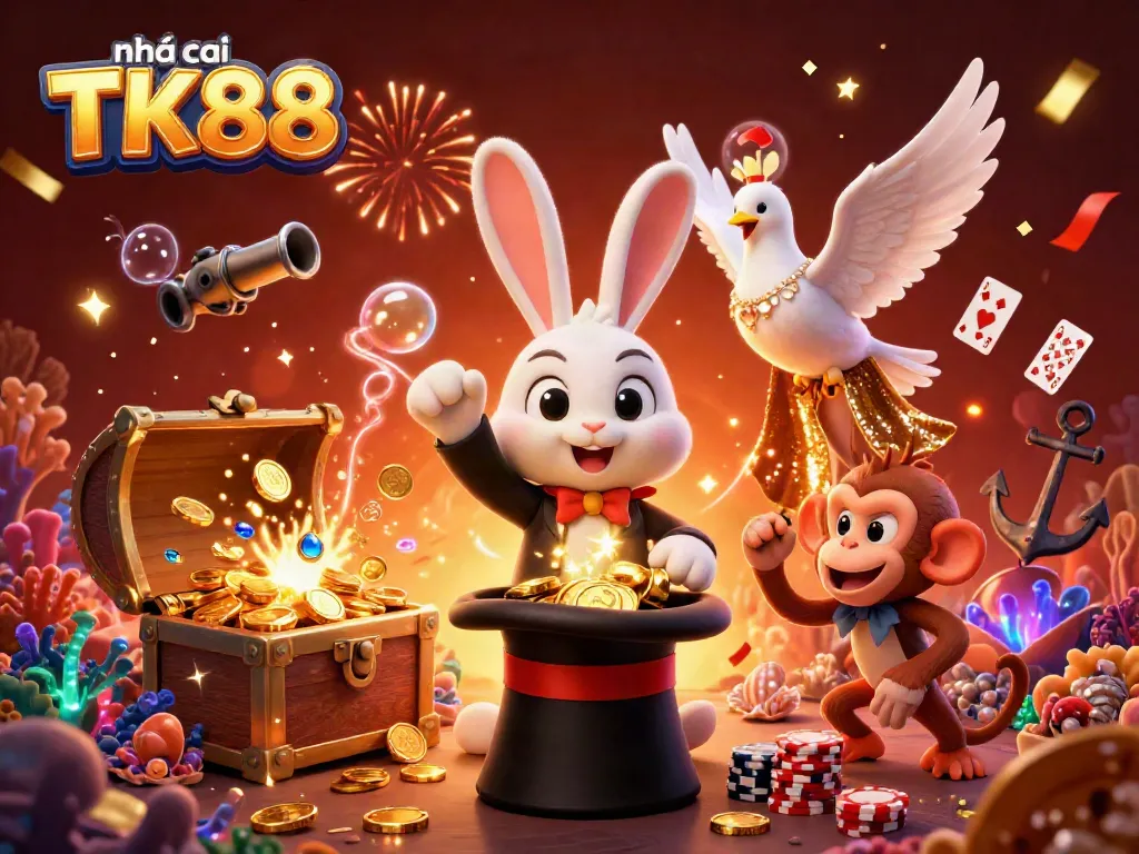Engaging scene featuring nhà cái TK88 with a magician rabbit, a dove, and monkey amidst swirling confetti and casino elements.