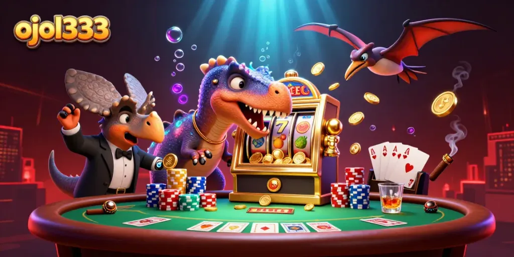 Engage with ojol333 as characters celebrate jackpot wins at a vibrant casino scene.