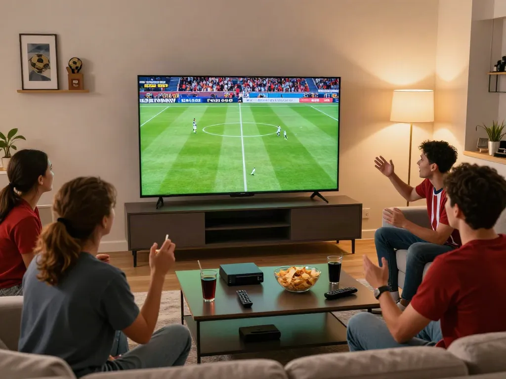 Friends enjoying the FIFA World Cup on Xoilactv in a cozy living room.