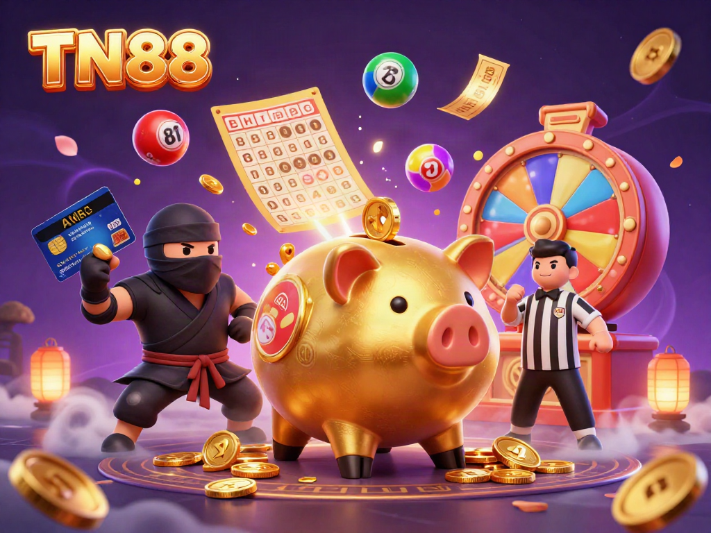 Engage in thrilling TN88 casino fun with a dynamic illustration of a sumo piggy bank and vibrant game elements.