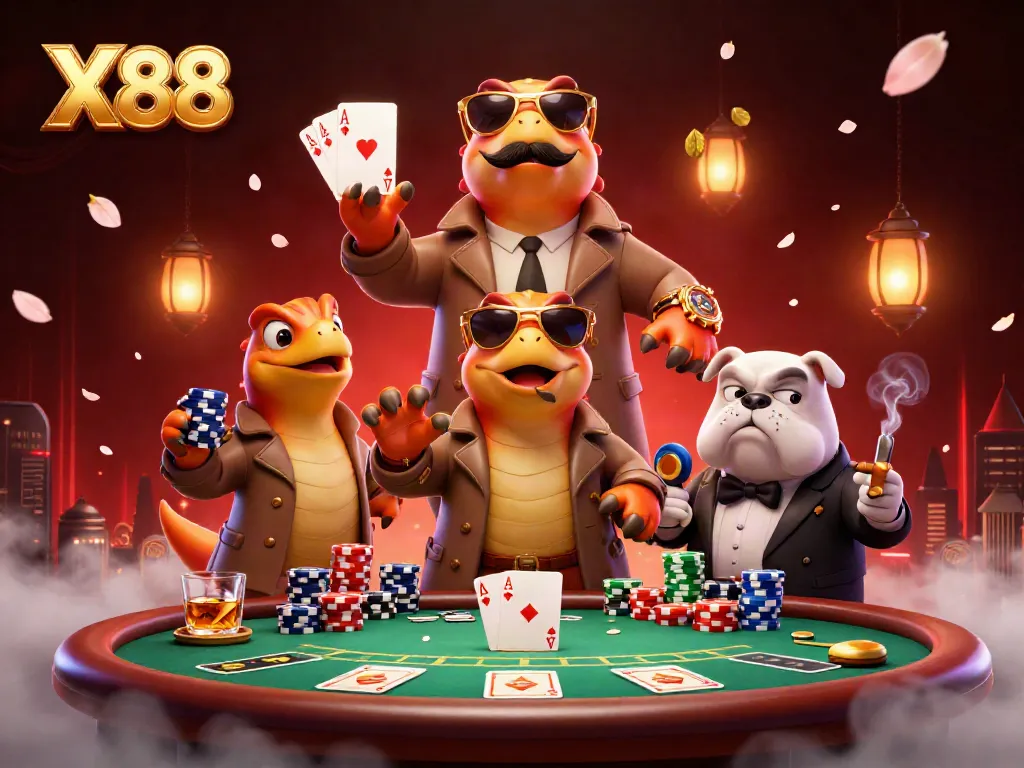 X88 raptors in trench coat attempting VIP entry at a casino, surrounded by poker elements.