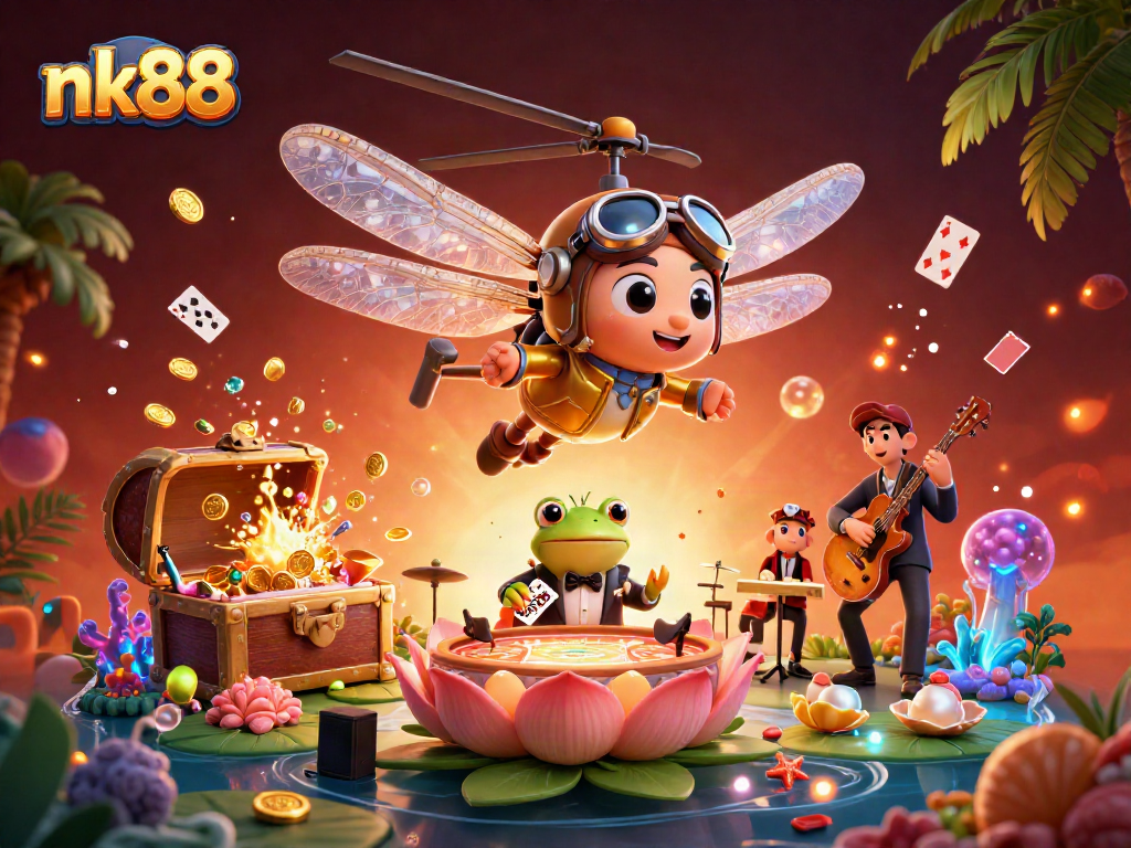 Experience excitement at nk88 with a vibrant casino scene featuring lively characters and game elements.