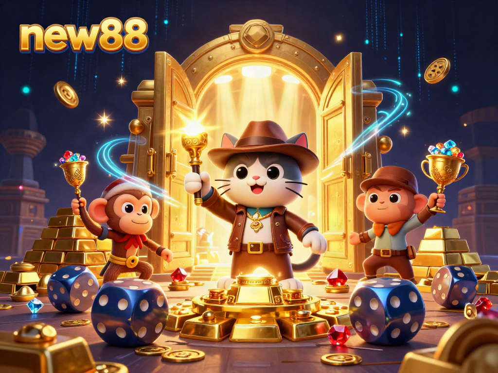 Experience excitement with new88, a cartoon explorer cat uncovering a golden casino artifact.