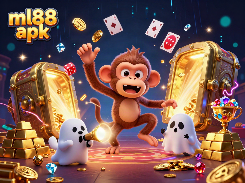 Experience the thrilling gameplay of ml88 apk with a playful poltergeist and ghost-hunter puppy in a haunted casino scene.