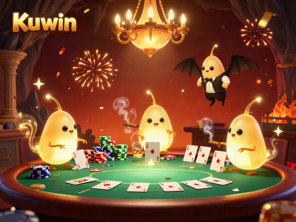 Kuwin's vibrant cave casino scene with bioluminescent glowworms and a bat dealer enhances the poker experience.