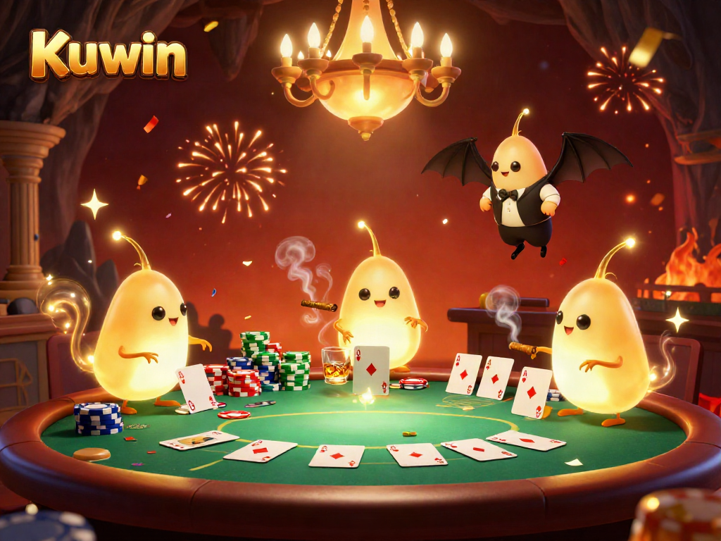 Kuwin's vibrant cave casino scene with bioluminescent glowworms and a bat dealer enhances the poker experience.