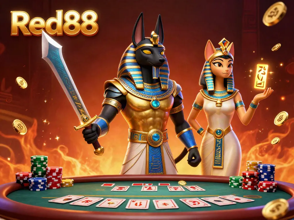 Experience the thrill of Red88 with ancient Egyptian warriors Anubis and Bastet in a vibrant casino setting.