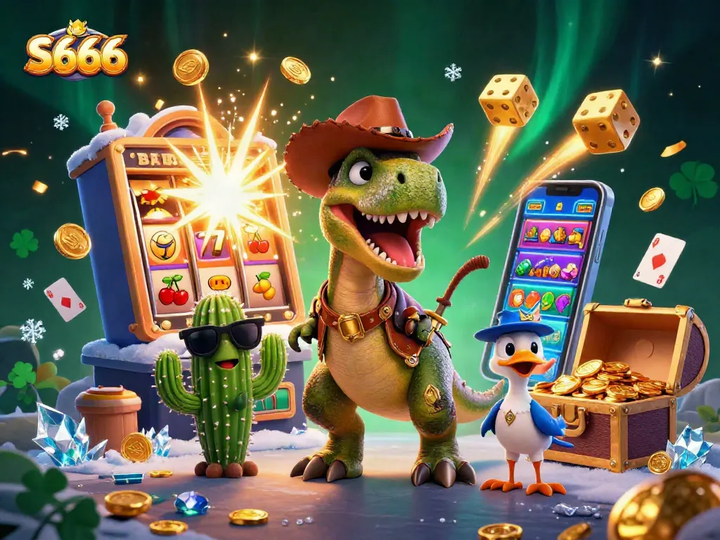 Experience the thrill of S666 with a vibrant 3D casino scene featuring dynamic gaming elements.