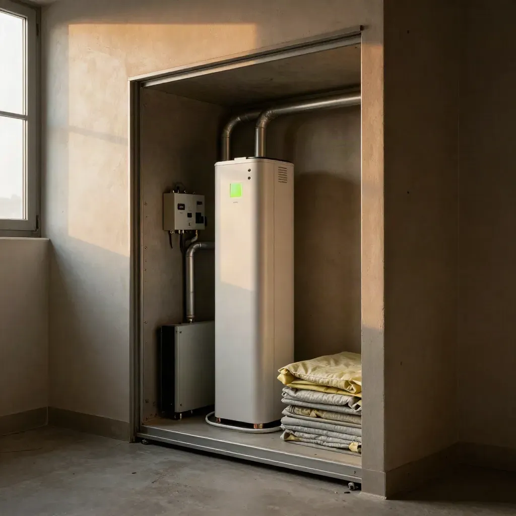 Home battery tower and inverter in a warm utility room with soft evening light.