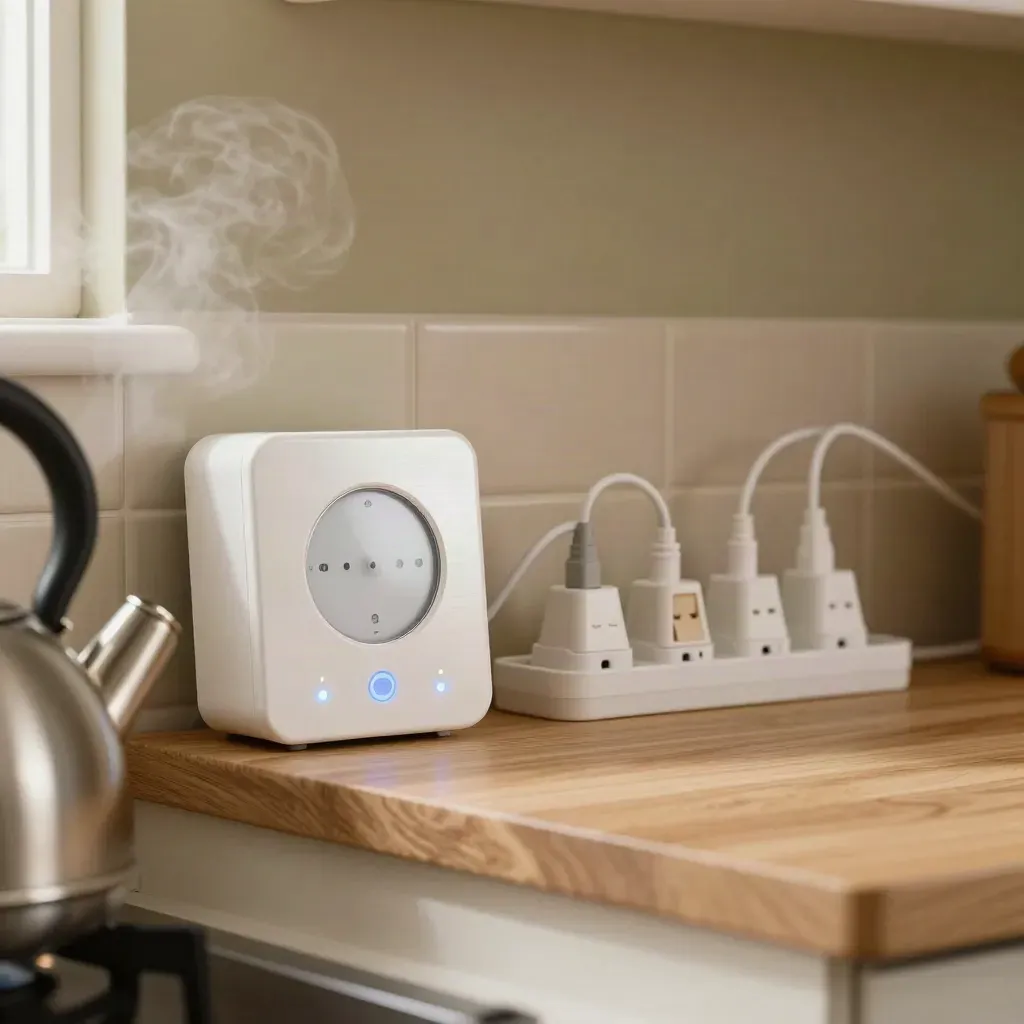 Macro of smart meter, timer module and standby plugs in a sunlit kitchen nook with kettle steam.