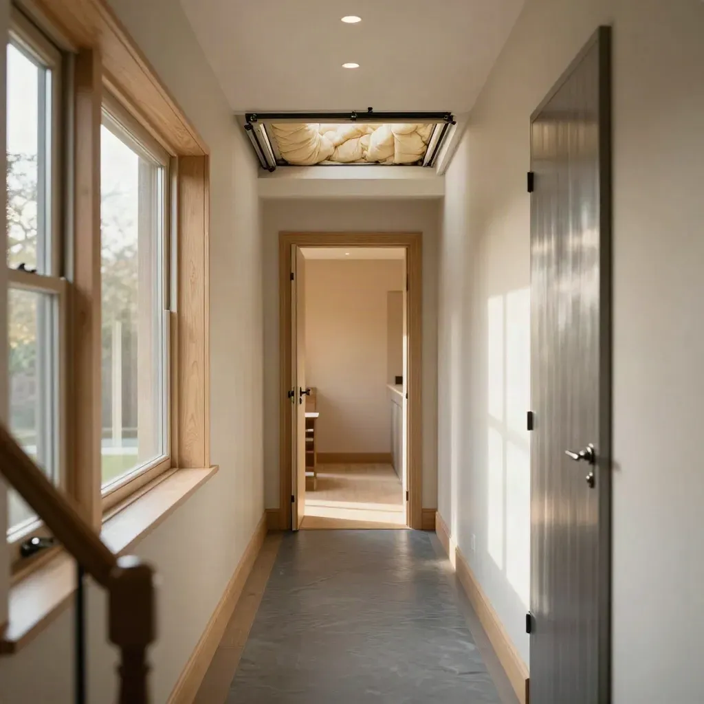 LED-lit hallway in a detached home with sealed windows and visible loft insulation.