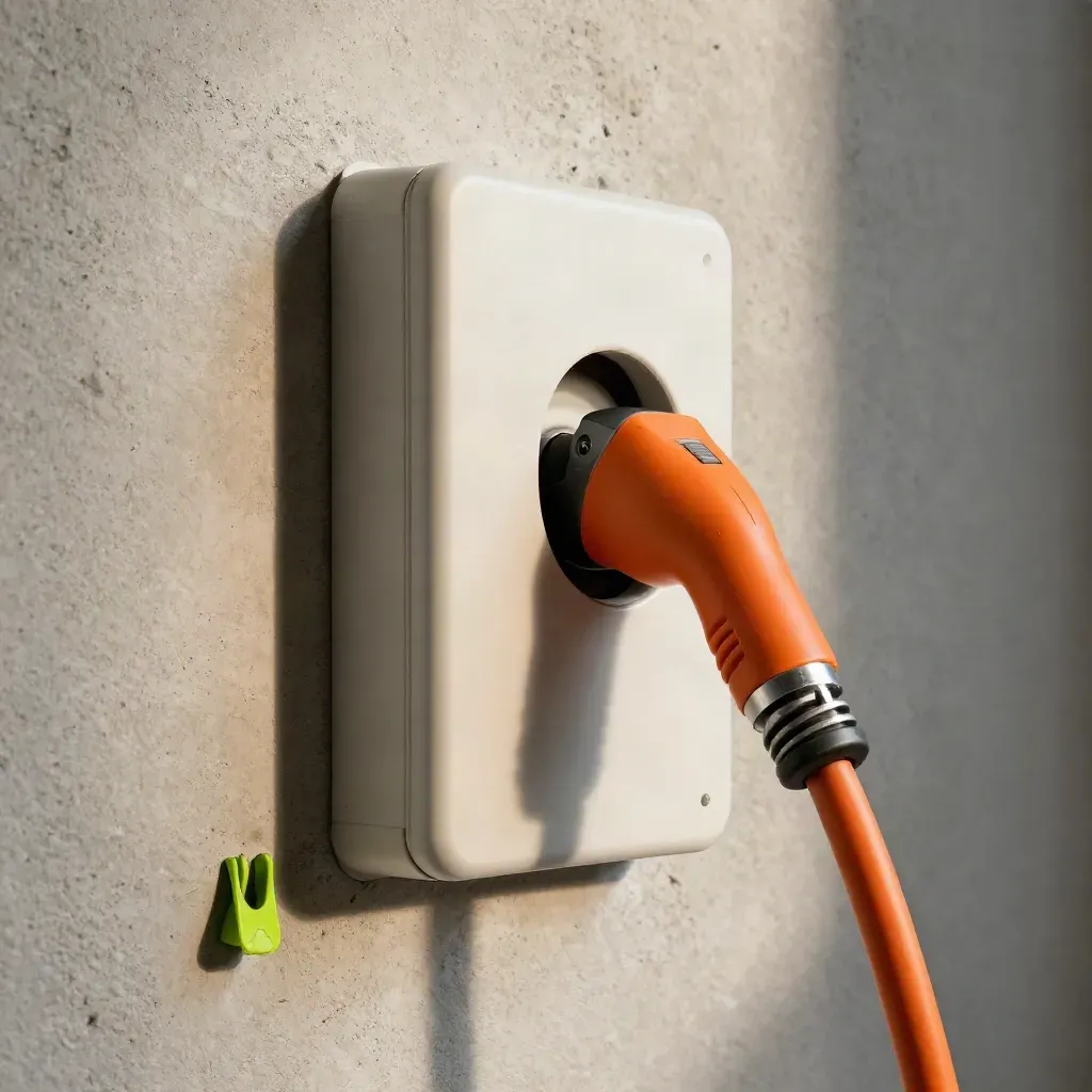 Macro of EV charging hardware, torque driver and cable on pale concrete