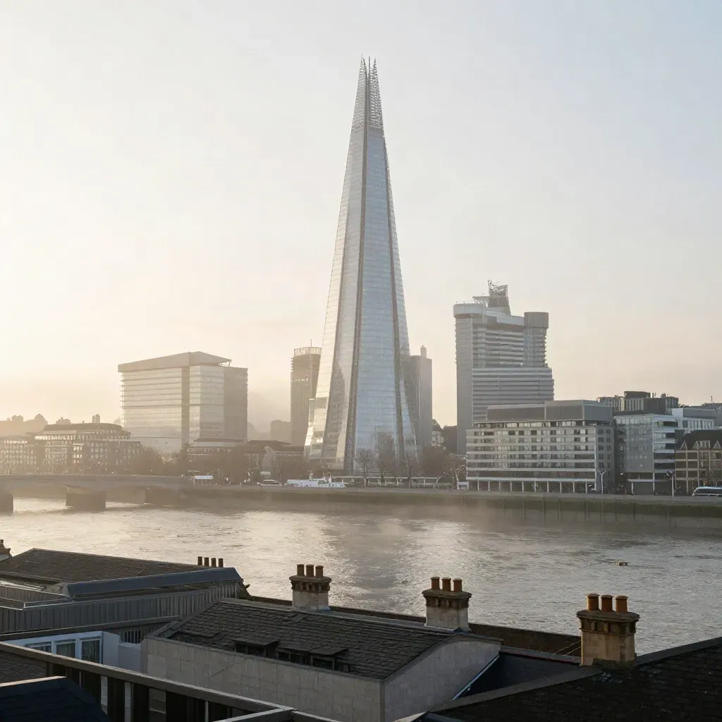 The Shard above the Thames in dawn mist over London rooftops