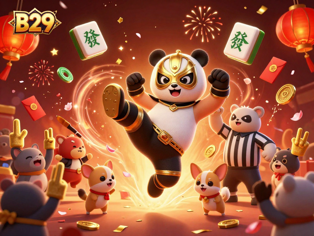 B29 offers thrilling gaming moments with a dynamic panda wrestler and a referee amidst a lively casino celebration.