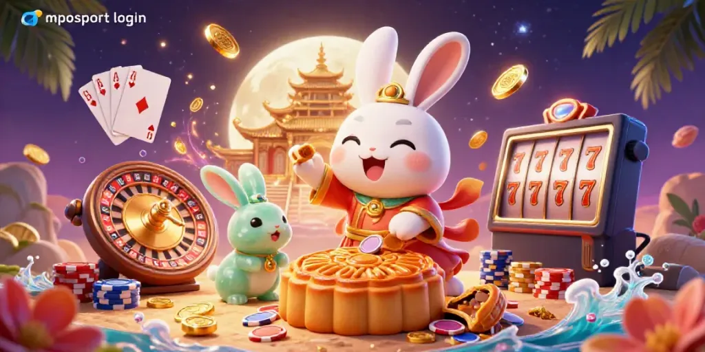Engage with mposport login, featuring a captivating 3D illustration of a moon rabbit at a lunar casino.