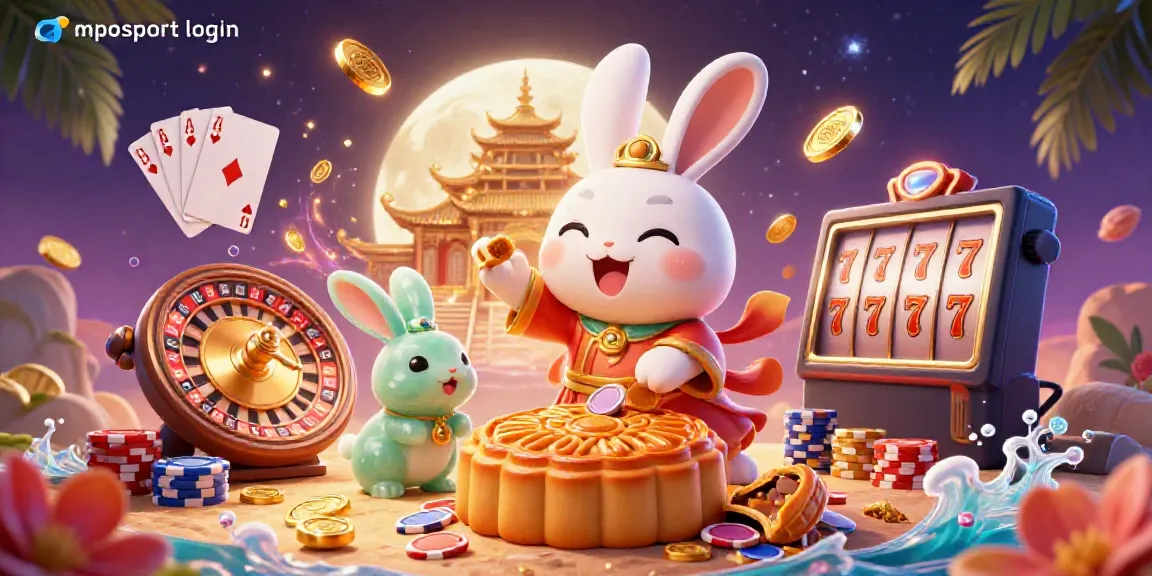 Engage with mposport login, featuring a captivating 3D illustration of a moon rabbit at a lunar casino.