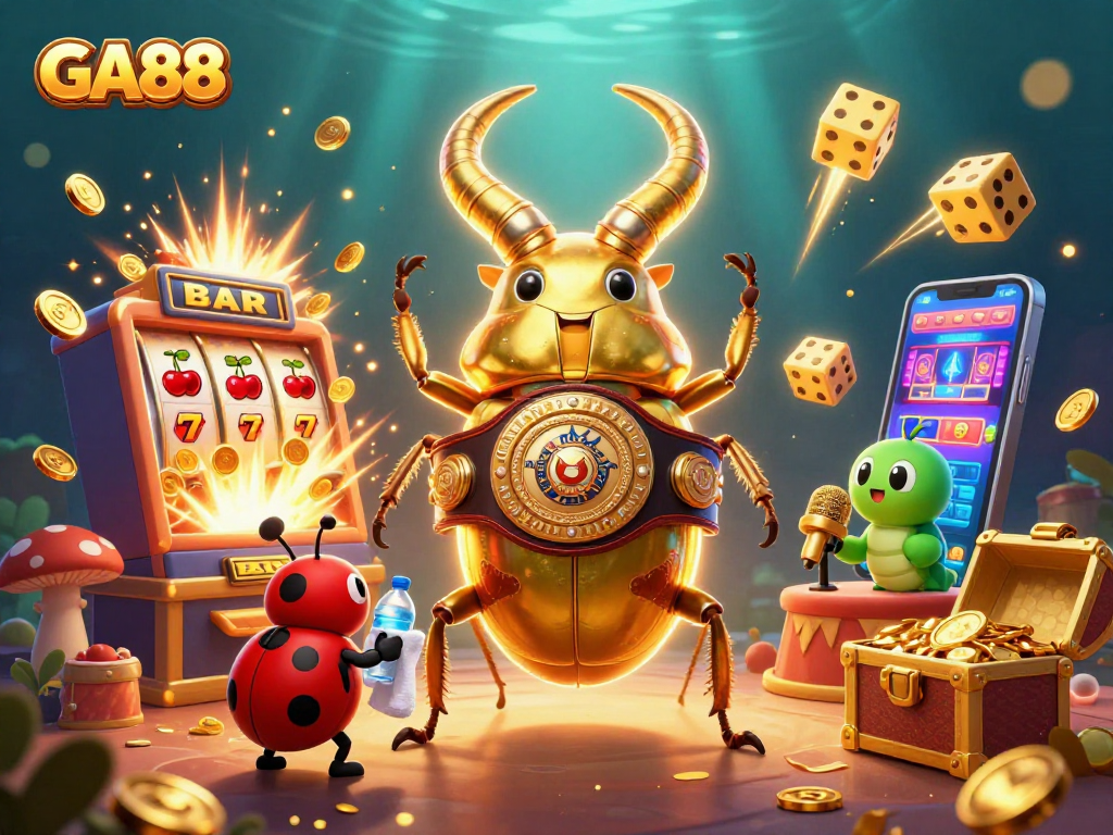 GA88 features a giant golden stag beetle champion amid dynamic casino gaming elements.
