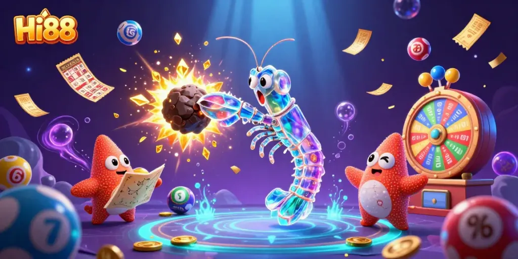 Win big with Hi88 as the mantis shrimp punches through an asteroid, revealing golden gems and coins.