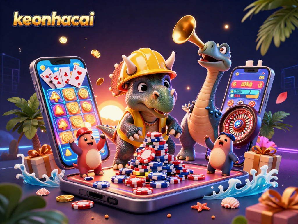 Experience the thrill of keonhacai as a triceratops builds a poker chip pyramid in a vibrant casino scene.
