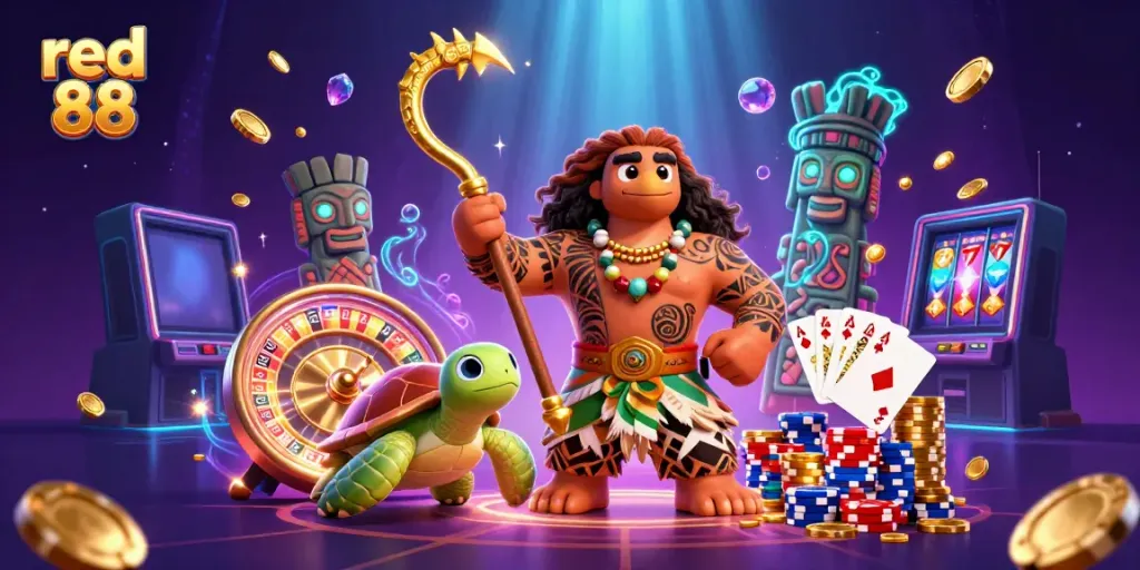 Experience thrilling gameplay at red 88 with dynamic characters in a vibrant casino environment.