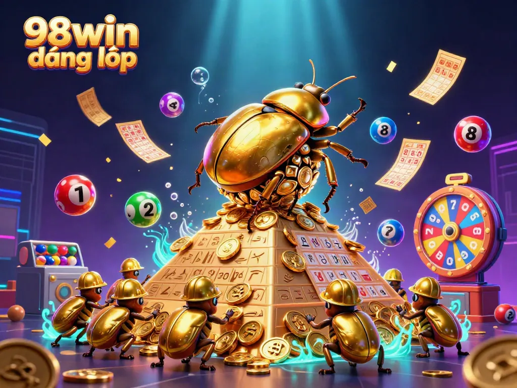 Experience the excitement of 98win đăng nhập with golden beetles, casino symbols, and vibrant game elements in a dynamic scene.