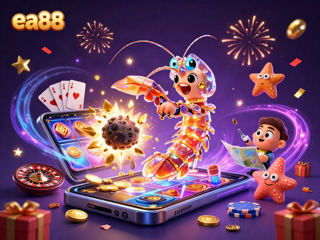 ea88 depicts a galactic samurai mantis shrimp smashing an asteroid, releasing gems in a vibrant casino scene.