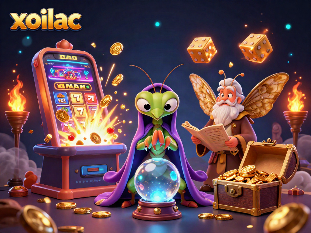 Spin the reels with xoilac's vibrant 3D illustration of fortune tellers and slot machines.