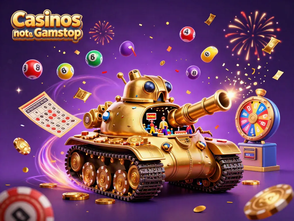 Engage with Casinos not on Gamstop through a vibrant 3D illustration of a golden tank revealing a mini casino.