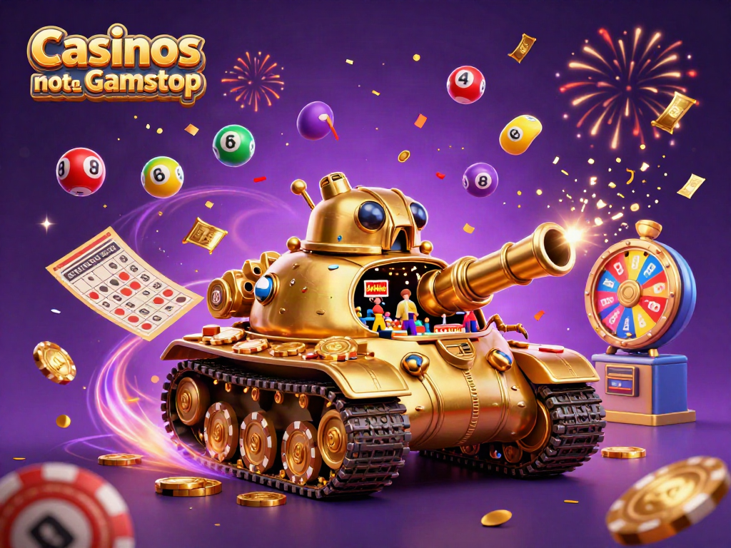 Engage with Casinos not on Gamstop through a vibrant 3D illustration of a golden tank revealing a mini casino.
