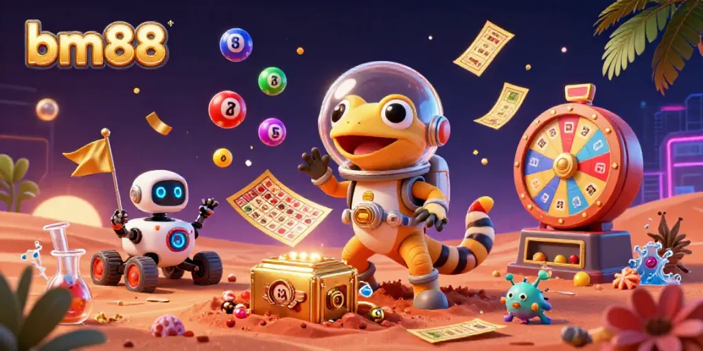 Bounce into the excitement at bm88 with a Martian gecko discovering a golden casino while lottery balls rain down.
