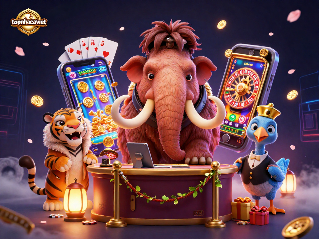 Engage with topnhacaiviet's lively 3D illustration showcasing a vibrant casino scene with unique characters and dynamic gaming elements.