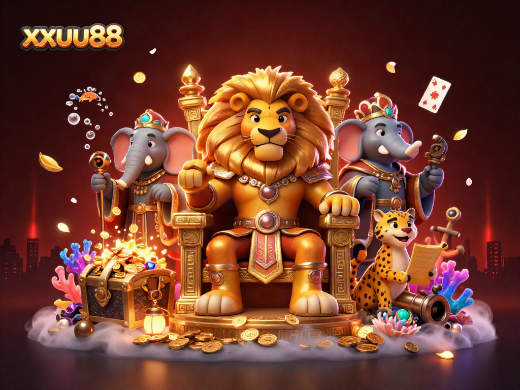 Experience excitement at xxuu88 with a lively 3D illustration of a lion king and friends in a gaming scene.