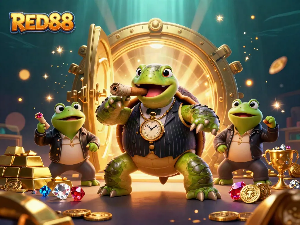 Immerse yourself in the thrilling world of RED88 with a colorful illustration featuring a snapping turtle in a casino scene.