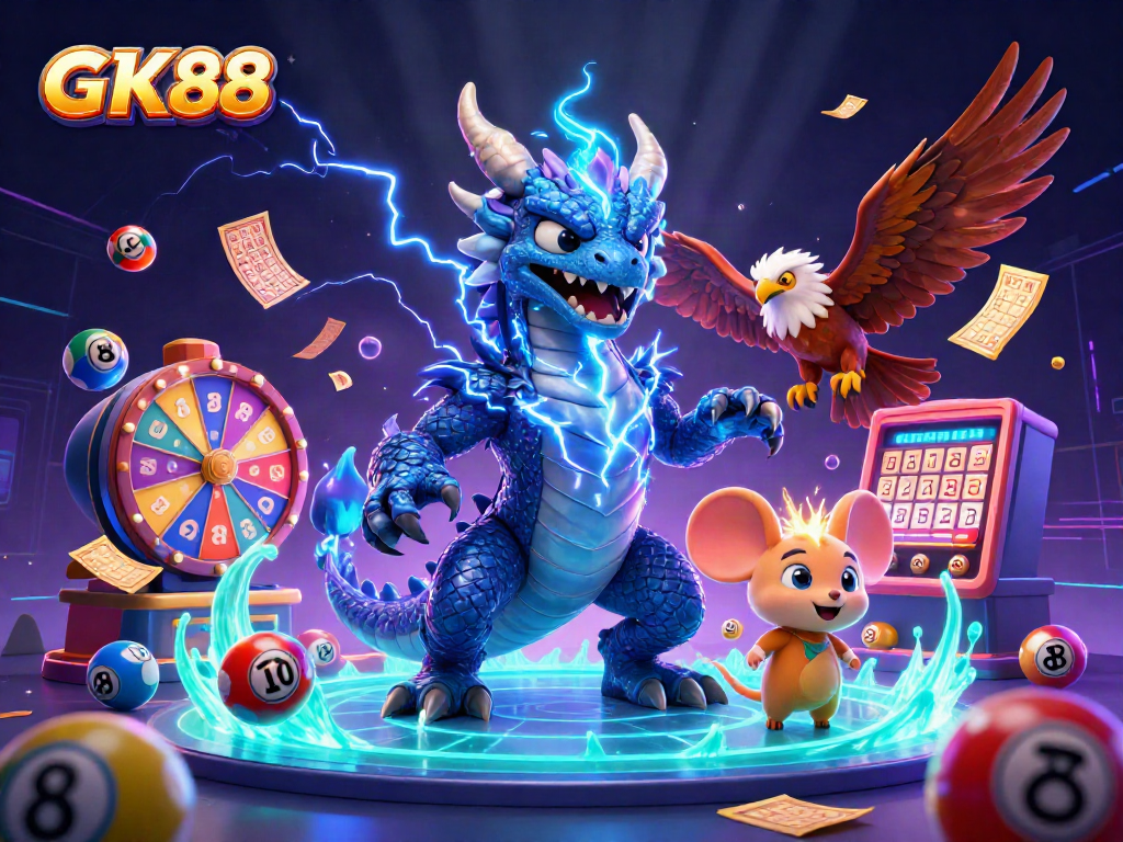 Experience thrilling casino adventures with GK88's vibrant characters and lottery elements in this dynamic 3D scene.