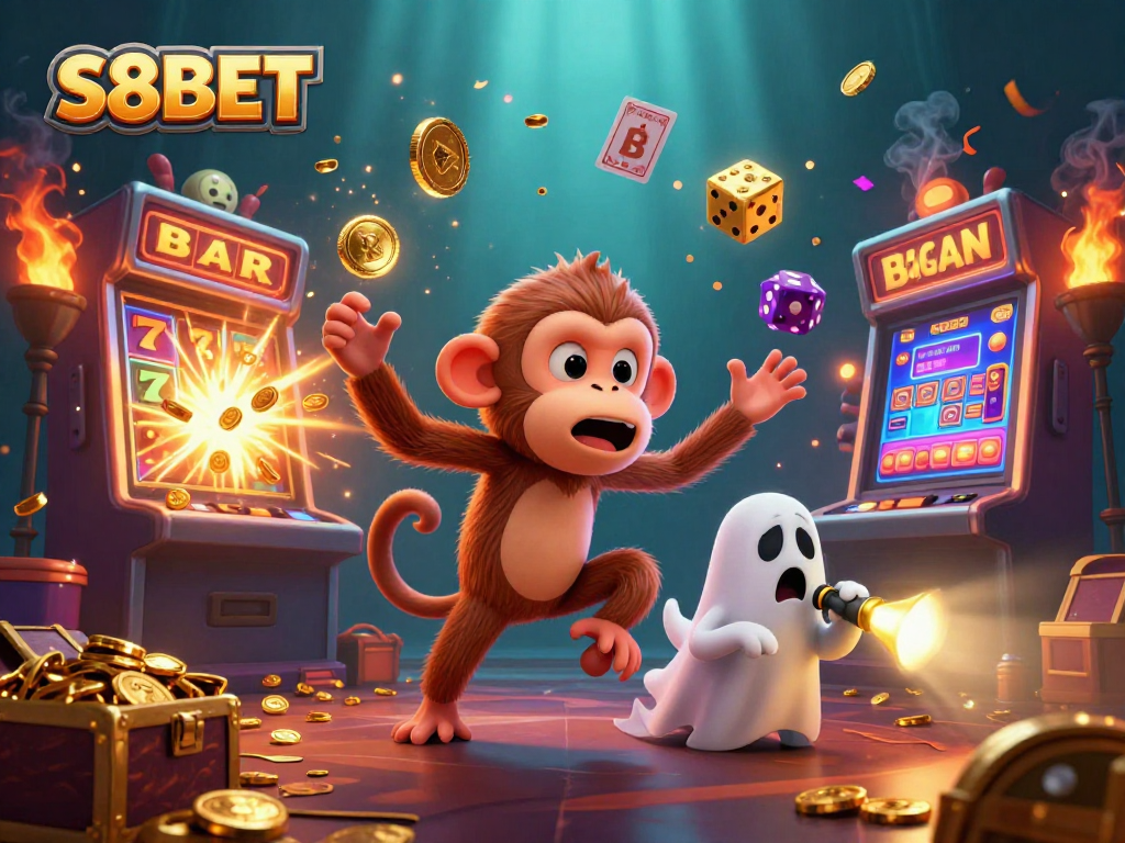 S8BET's lively casino scene showcasing the mischievous ghost monkey juggling golden coins while a curious puppy hunts for prizes.