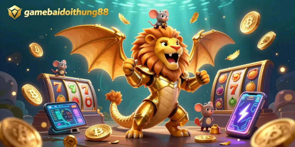Engage with exciting gaming experiences at gamebaidoithuong88 featuring a triumphant chimera and dynamic slot elements.