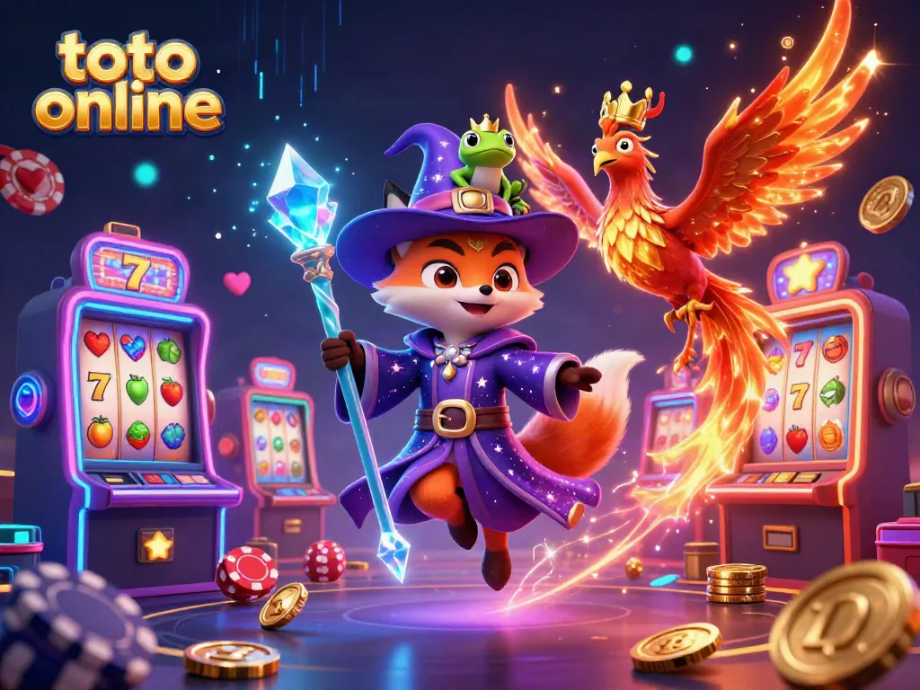 Engage with the thrilling world of toto online casinos amidst mystical characters in a vibrant 3D scene.