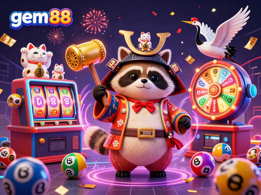 Engage with gem 88 by winning big in a vibrant casino scene with dynamic energy and festive characters.