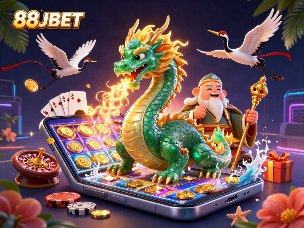 Engage with 88JBET's vibrant casino scene featuring a jade dragon and lucky symbols.
