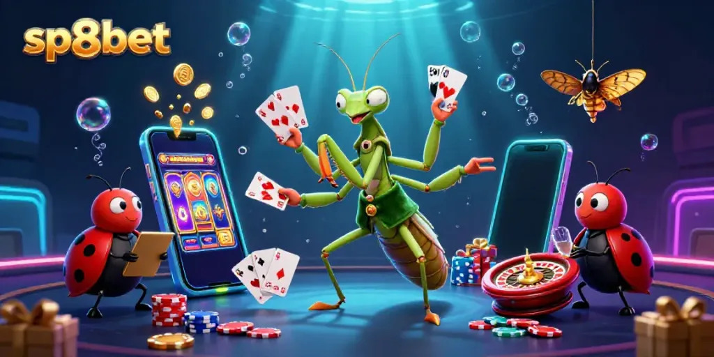 Experience the thrill of sp8bet with a vibrant 3D illustration of a casino scene, featuring dynamic characters and game elements.