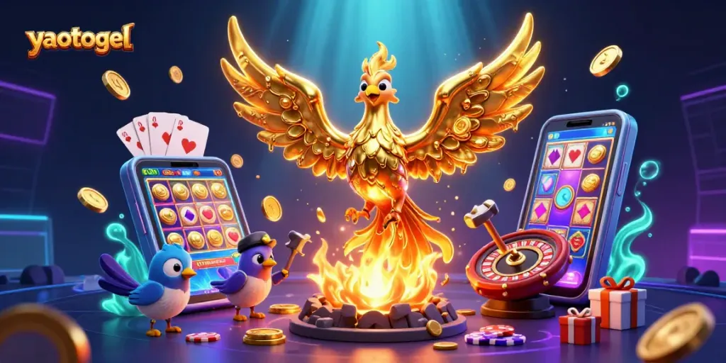Experience winning thrills with yaotogel in this vibrant 3D casino illustration featuring dynamic game elements.