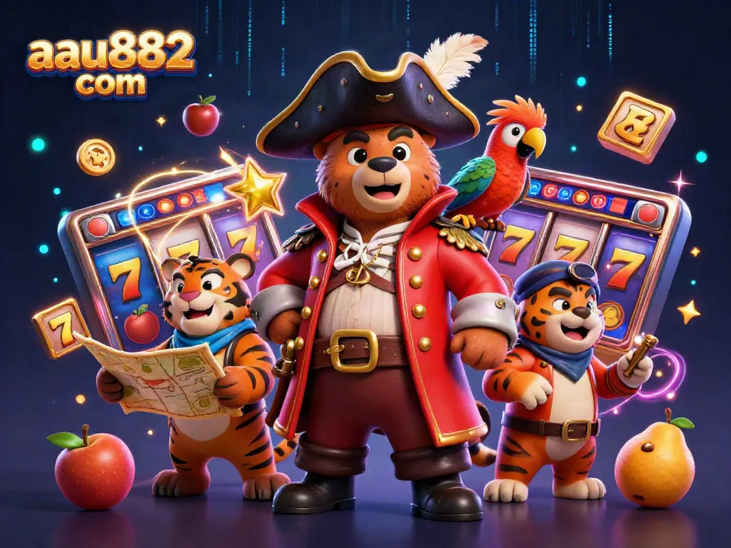 Engage in thrilling gaming with aau882 com's vibrant casino scene featuring cartoon characters and slot machines.